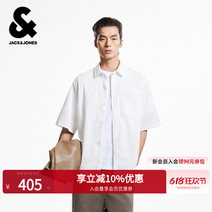 杰克琼斯夏季男款时尚百搭潮流纽扣刺绣翻领宽松休闲短袖衬衫男装