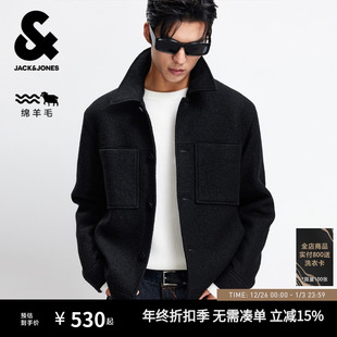 纯色翻领外套上衣静奢羊髦男装 杰克琼斯毛呢大衣男秋季 纯羊毛