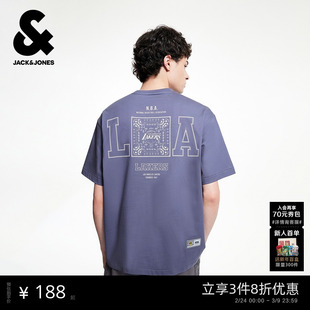 杰克琼斯男装秋季T恤NBA联名湖人队潮流百搭运动字母宽松短袖