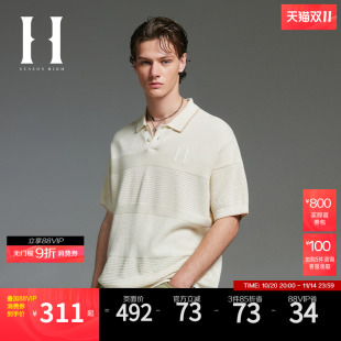 男装 SEASON 半袖 针织短袖 潮翻领字母刺绣撞色条纹秋冬 HIGH落肩袖