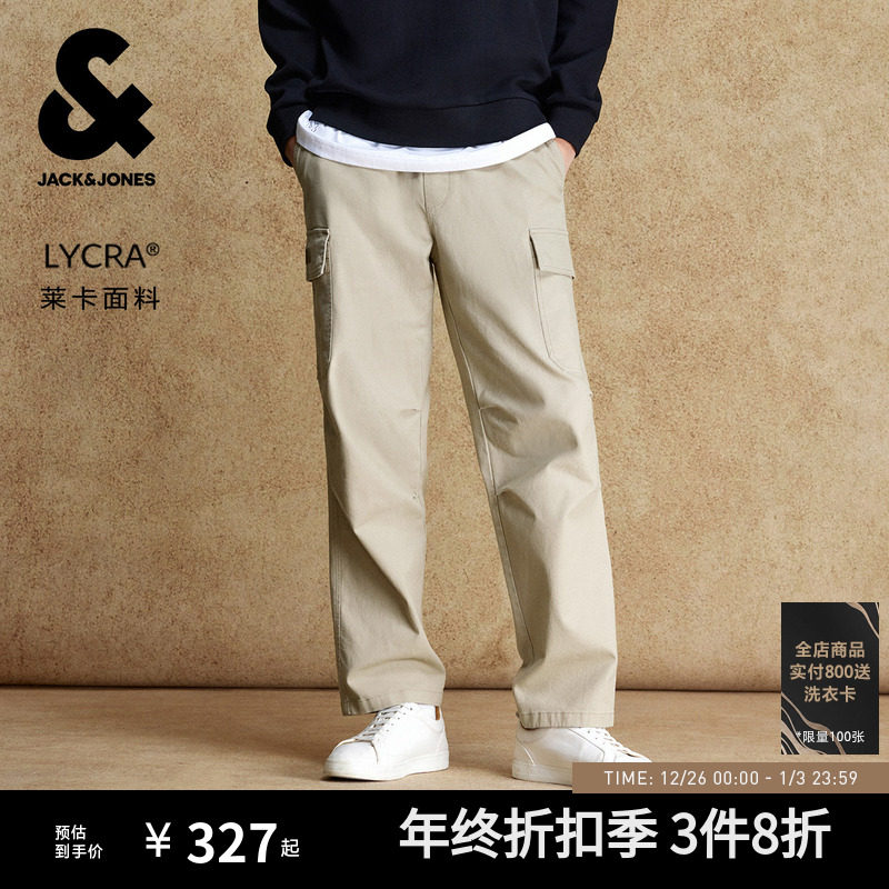 杰克琼斯男装新款宽松直筒休闲裤松紧腰莱卡口袋工装裤男士长裤子