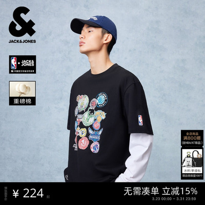 【NBA联名】杰克琼斯男装重磅纯棉T恤联盟球队印花宽松短袖刺绣