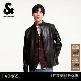 时尚 男装 机车风羊皮夹克外套立领纯色直筒拉链上衣 款 杰克琼斯春季