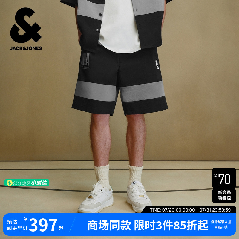 杰克琼斯男装时尚潮流松紧腰头撞色拼接设计字母男士短裤子