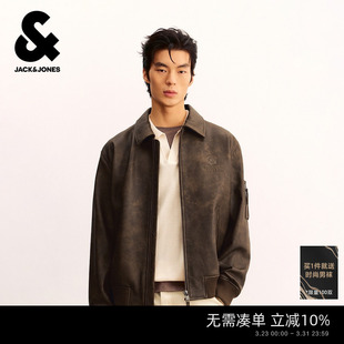 潮流字母刺绣翻领宽松真皮极简短款 新款 夹克外套 春季 杰克琼斯男装