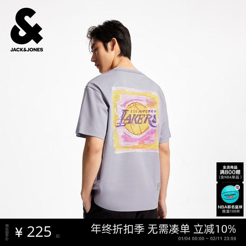 杰克琼斯NBA联名款男装秋季新款纯棉印花字母篮球日常休闲短袖T恤