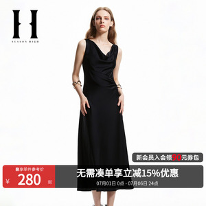 SEASON HIGH春季新款连衣裙女装直筒纯色荡领光泽感时尚系带长裙
