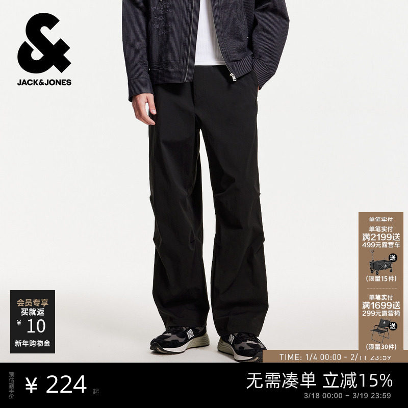 杰克琼斯男装春季男士户外机能工装裤伞兵裤宽松休闲褶皱潮长裤子