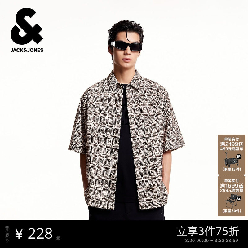 杰克琼斯男装春季新款衬衫时尚百搭刺绣翻领宽松休闲全棉短袖上衣