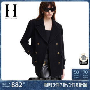 SEASON HIGH冬季 舒适百搭时尚 出街简约潮流黑色毛呢大衣外套女装