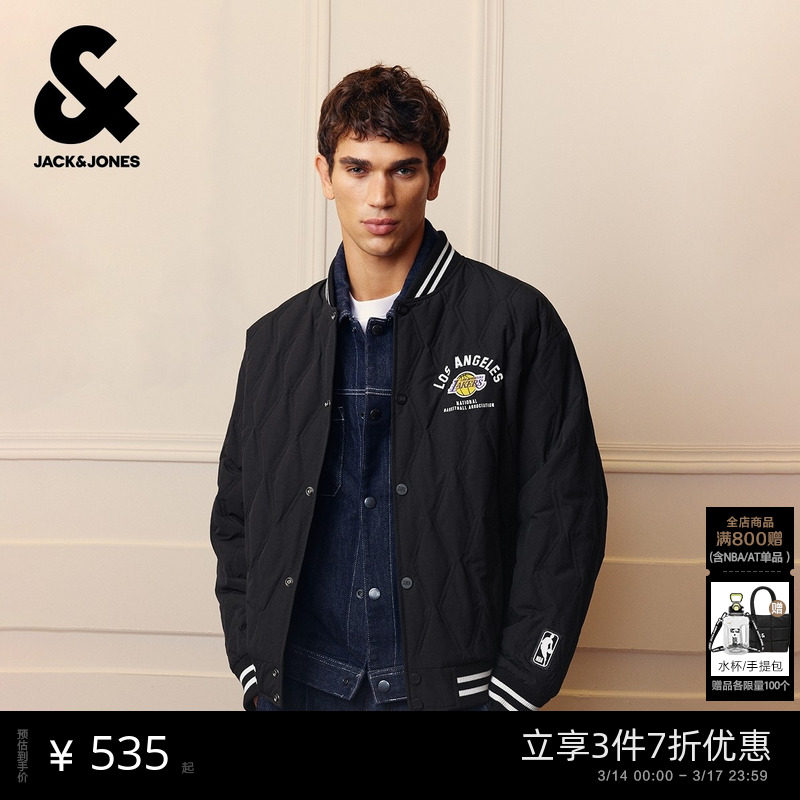 杰克琼斯NBA联名洛杉矶湖人队男装羽绒服秋冬新款贴布棒球领上衣