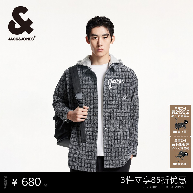 杰克琼斯男装春季舒适时尚潮流潮字母刺绣上衣复古格子衬衫男外套