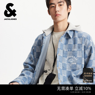 杰克琼斯男装 夹克外套连帽可拆卸格子字母贴布休闲百搭宽松 春季