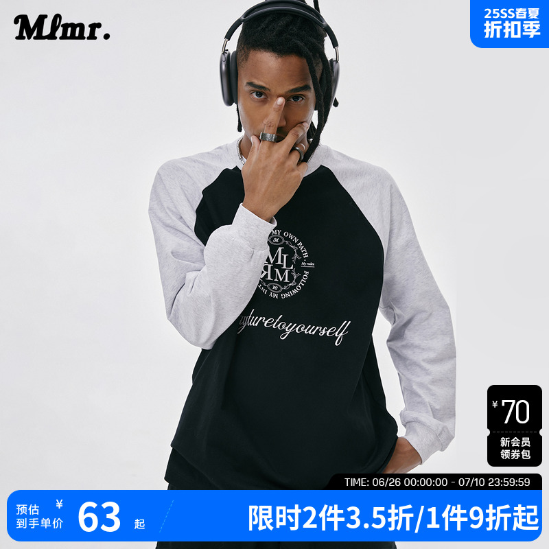 MLMR潮牌情侣宽松撞色美式复古新款学院插肩袖上衣女长袖T恤男装