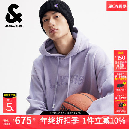 杰克琼斯NBA联名款洛杉矶队男装冬季新款连帽抽绳字母宽松卫衣