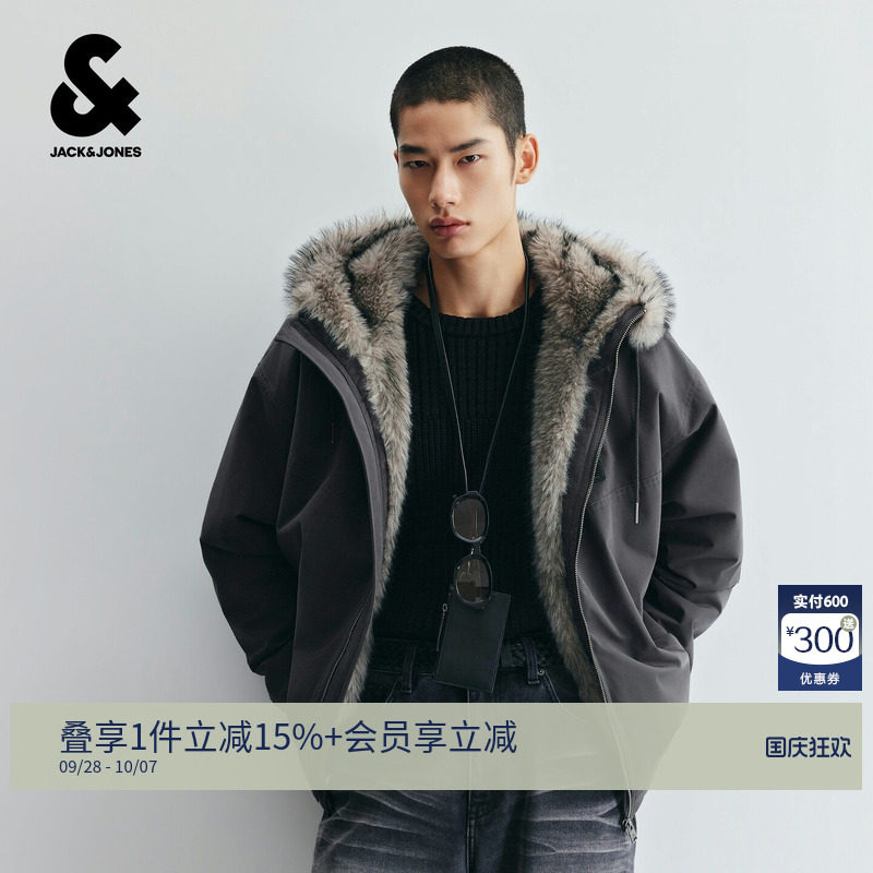 杰克琼斯秋冬男大毛领保暖棉服