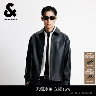 杰克琼斯男装 新款 美式 荔枝纹PU皮衣宽松夹克外套男上衣 2026年春季