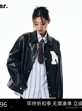 MLMR男装冬季新款宽松仿鳄鱼纹PU潮长袖外套女士短外套皮衣夹克男