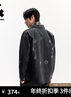 杰克琼斯男装秋季新款字母图案休闲深灰牛仔宽松翻领长袖衬衫外套