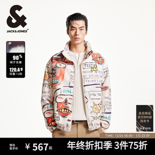 杰克琼斯男装 潮宽松立领羽绒服 秋冬衣身满印胸前刺绣保暖外套时尚