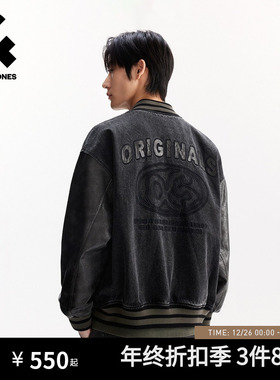 杰克琼斯男装秋冬新款时尚PU拼接黑色牛仔宽松棒球服夹克外套