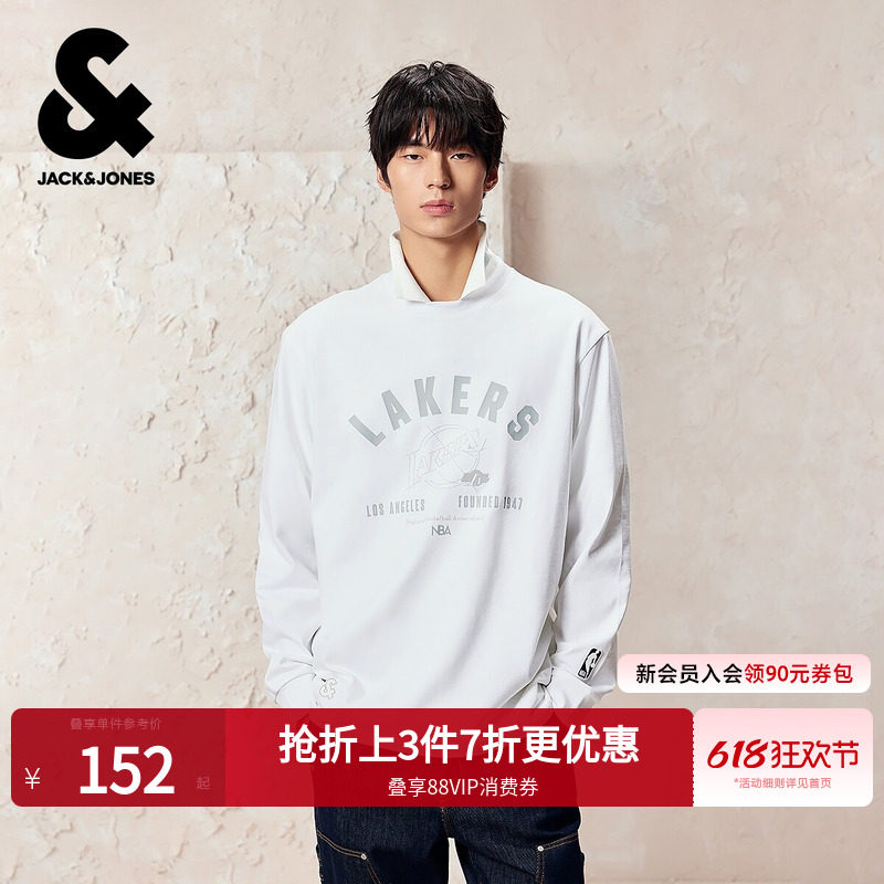 杰克琼斯男装春季T恤2026年潮流NBA联名圆领字母胶印刺绣长袖