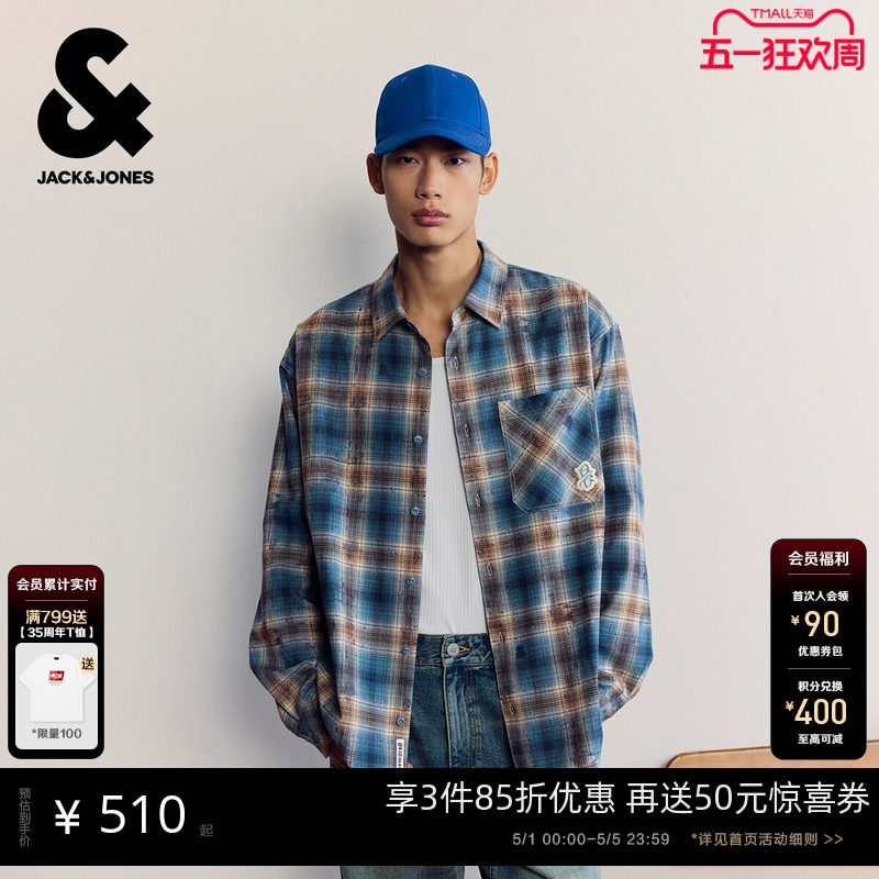 杰克琼斯男装冬季格纹衬衫2025新款纯棉长袖质感潮上衣225305008