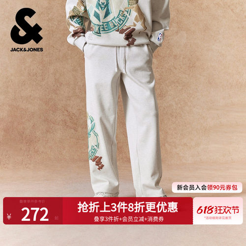 宽松版型；松紧抽绳腰头；单侧雄鹿队印花