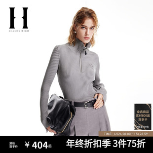 弹力毛衣刺绣贴布女装 立领拉链领口修身 女针织衫 SEASONHIGH秋冬款