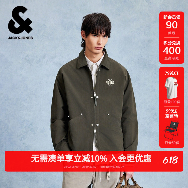 杰克琼斯男装春季夹克上衣外套常规翻领字母刺绣设计时尚百搭休闲