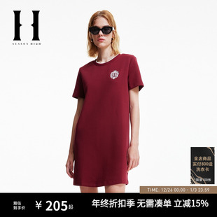 SEASONHIGH女士秋季 连衣裙直筒罗纹圆领假两件设计胸前刺绣女装