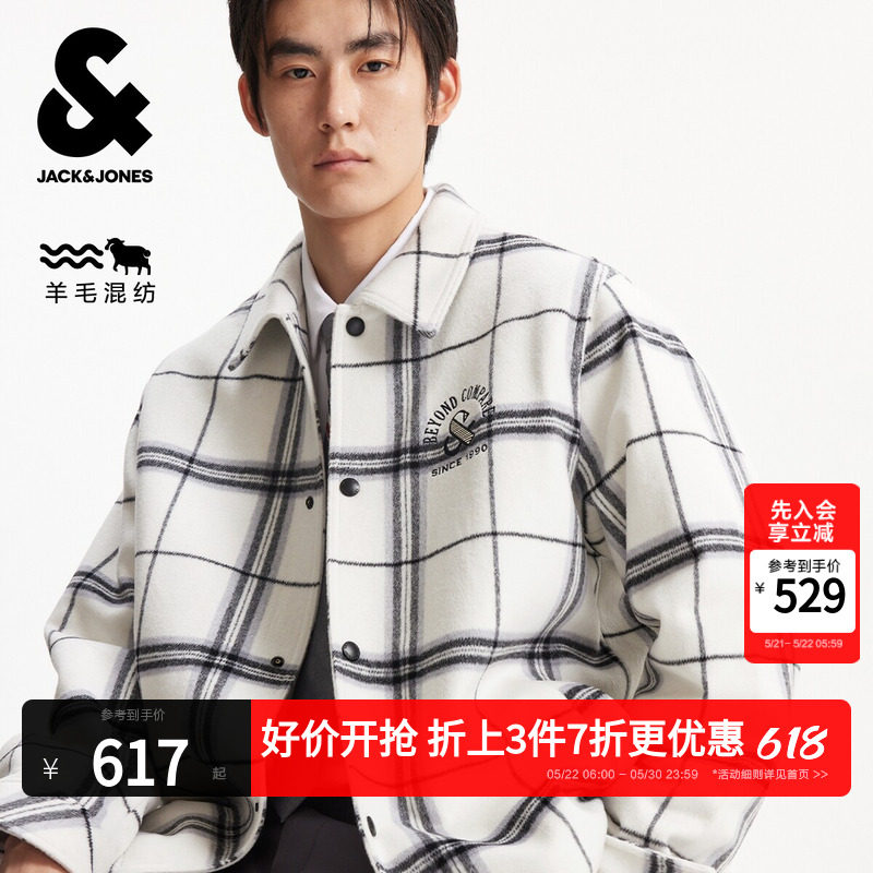 杰克琼斯男装春季新款字母刺绣时尚格纹休闲翻领毛呢大衣外套