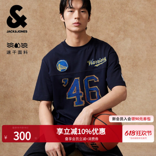 略宽松版型；胸前NBA勇士队胶印图案