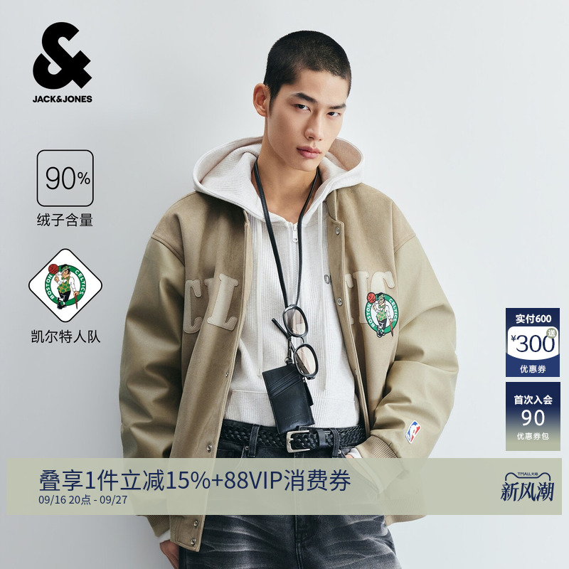 NBA凯尔特人仿麂皮棒球羽绒服
