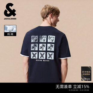 新款 春夏季 杰克琼斯男装 九宫格海洋图案休闲舒适短袖 纯棉T恤