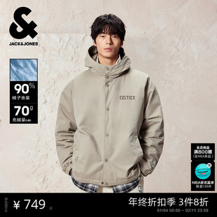 杰克琼斯男装秋冬羽绒服2025年新款NBA联名连帽字母图案款外套