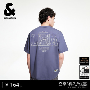 杰克琼斯男装秋季T恤NBA联名湖人队潮流百搭运动字母宽松短袖