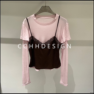 2026春季 T恤蕾丝拼接修身 新款 假两件长袖 显瘦 设计师款 欧洲站女装