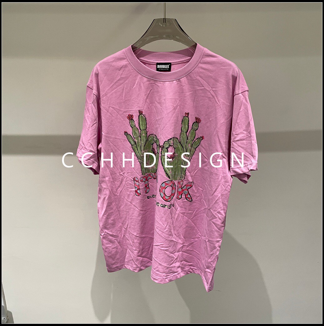 欧洲站女装2026夏季新款仙人掌印花短袖T恤色圆领宽松休闲上衣