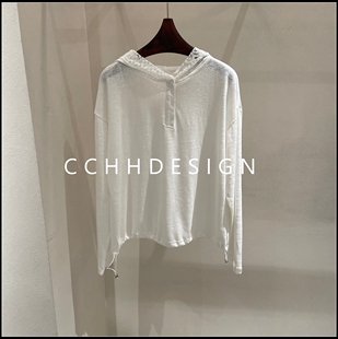 T恤基础款 欧洲站女装 休闲慵懒风白色连帽长袖 新款 松弛感 2026春季