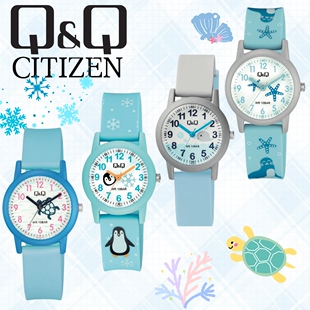西铁城Q&Q儿童手表静音只看时间防水石英表 蓝色海洋生物图案