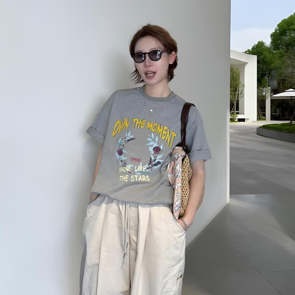 春夏法式花卉印花宽松短袖T恤