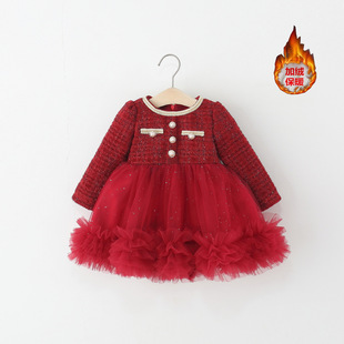童装女童连衣裙秋冬季加绒儿童小香风蓬蓬纱公主裙子婴儿宝宝冬装