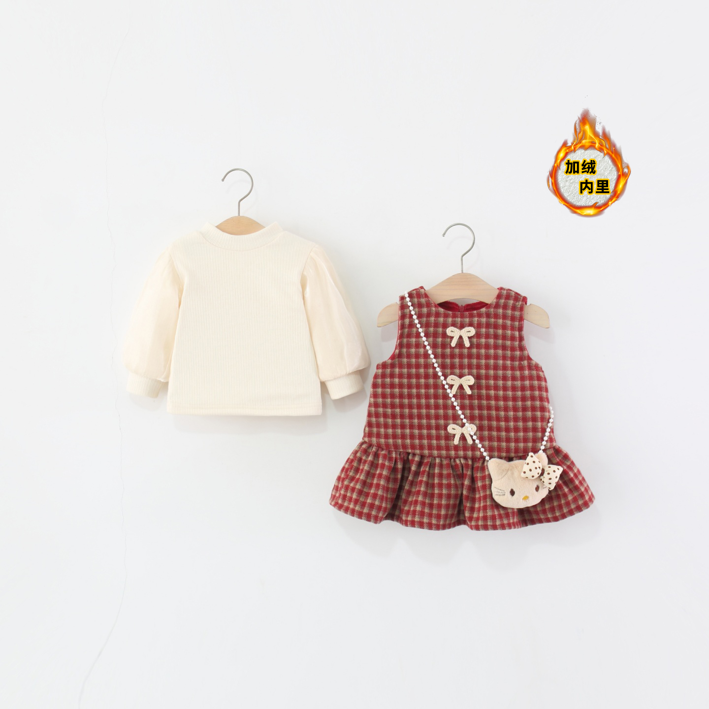 儿童宝宝格纹蝴蝶结背心裙两件套