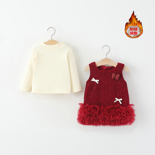 童装女童裙套装秋冬季加绒儿童宝宝糖果蝴蝶结网纱背心裙子两件套