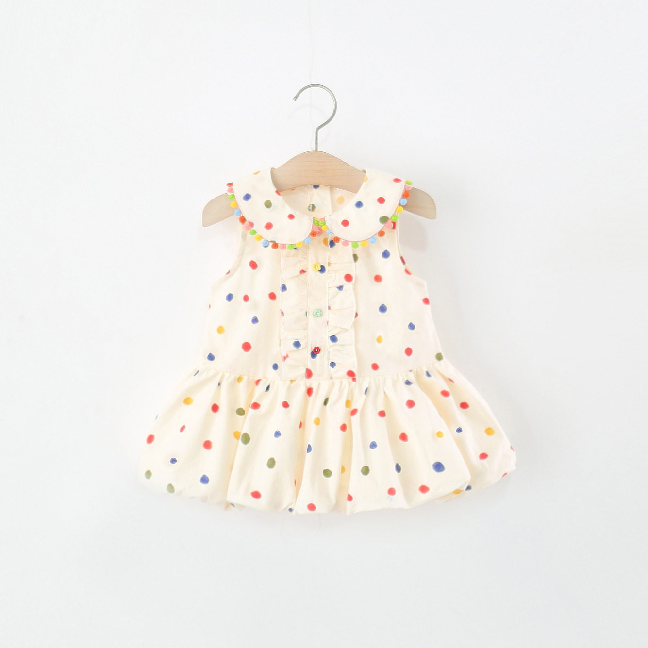女童无袖连衣裙夏季儿童女宝宝甜美可爱彩色圆点棉布花苞公主裙子