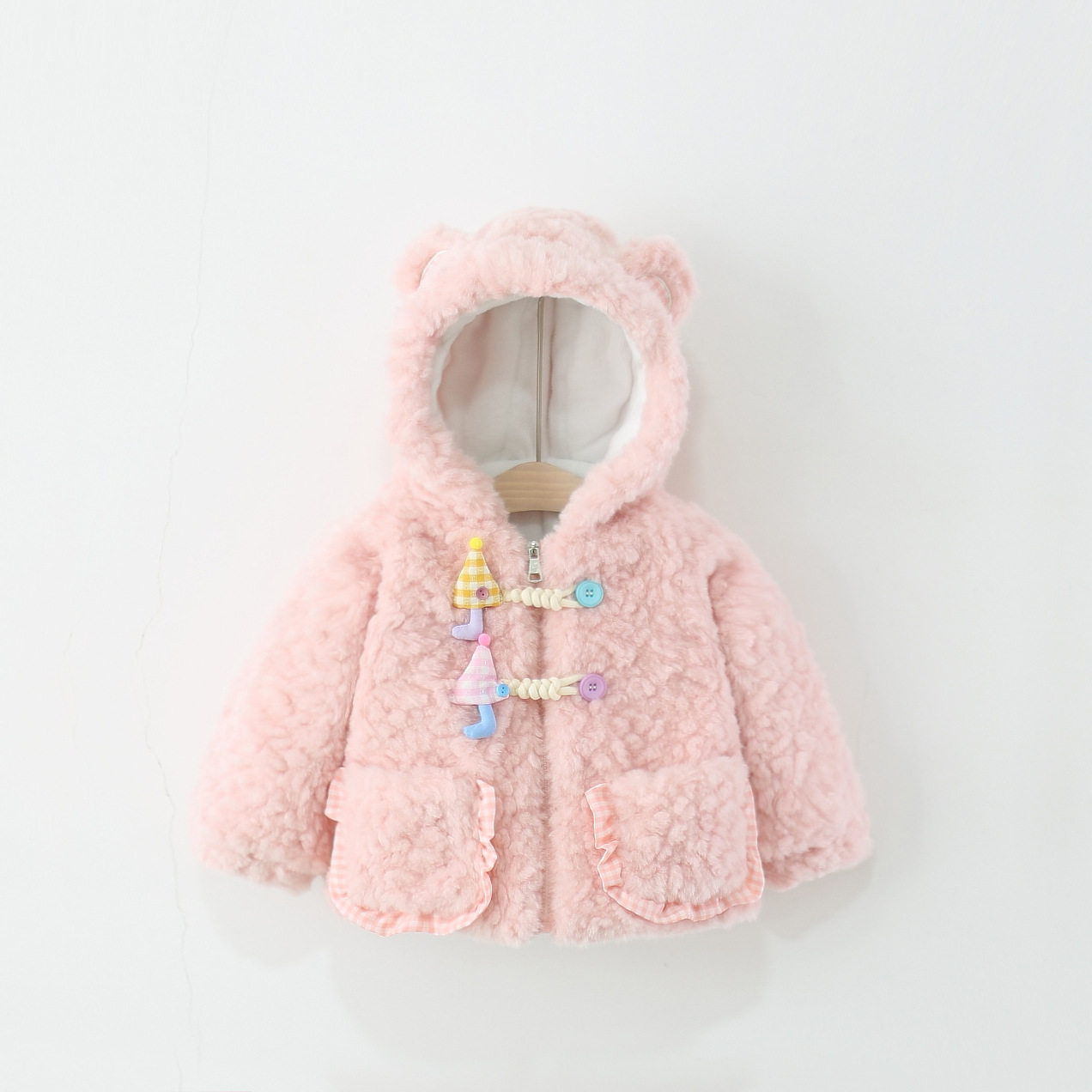 童装女童外套冬季加厚加绒儿童女宝宝甜美防寒保暖连帽毛毛衣外衣