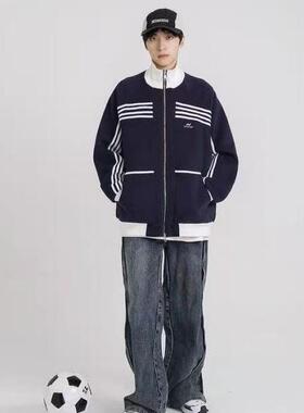 街潮时尚男装撞色条纹开衫立领长袖休闲百搭复古夹克上衣