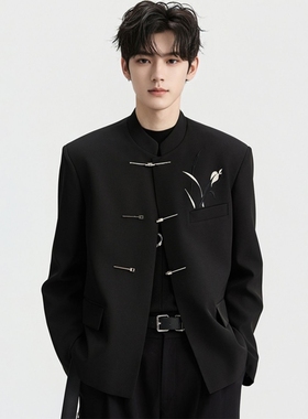 300克重磅新中式盘扣立领西装男款长袖纯黑中山装高级感痞帅国风