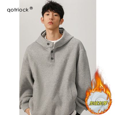 450g重磅boxy短款卫衣男生春秋加绒美式宽松纽扣连帽硬挺宽松外套